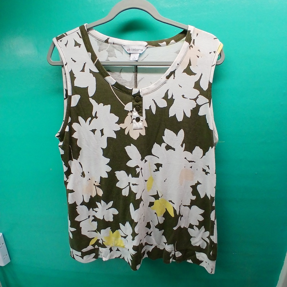 Liz Claiborne Henley Tank Top L Olive Green Floral Summer Casual Sleeveless